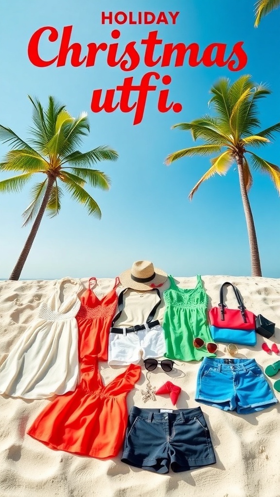 Stylish Christmas outfits for Florida on a beach with sundresses, shorts, and festive accessories.